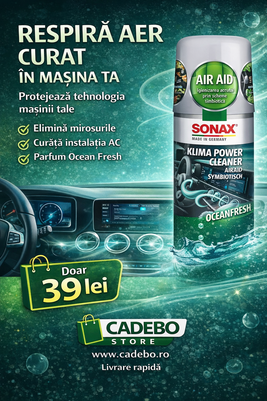 Soluție curățare aer condiționat auto SONAX Ocean Fresh 150 ml, igienizare AC, elimină mirosurile