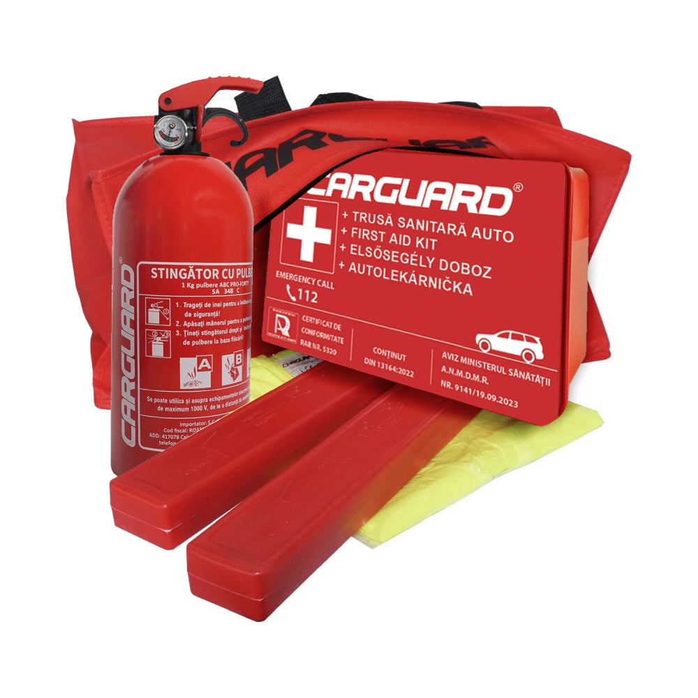 Kit Siguranță Auto Obligatoriu RAR – Stingător cu Manometru, Triunghi & Trusă Auto