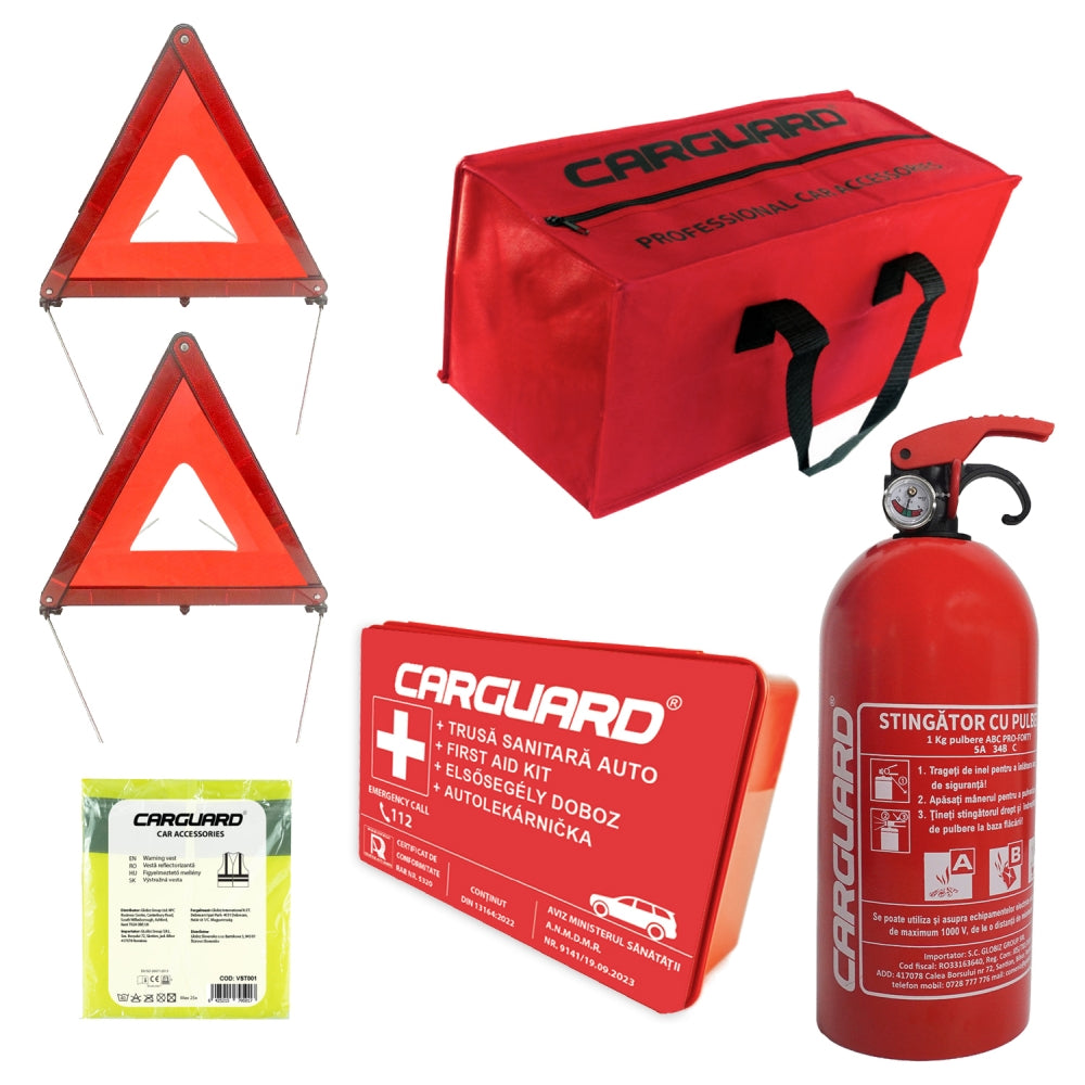 Kit Siguranță Auto Obligatoriu RAR – Stingător cu Manometru, Triunghi & Trusă Auto